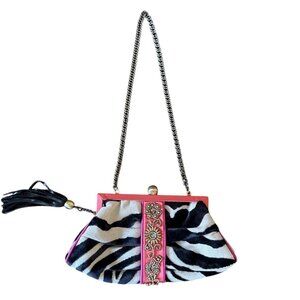 Aria by Mary Frances Zebra Print Bejeweled Shoulder Bag With Pink Frame
